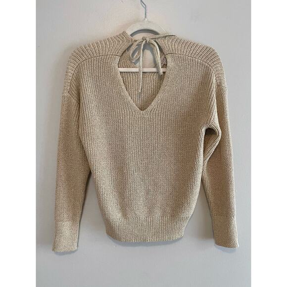 Loft Size S Gold Shimmer V-Neck Sweater Tie Keyhole Back Long Sleeves - Picture 1 of 6